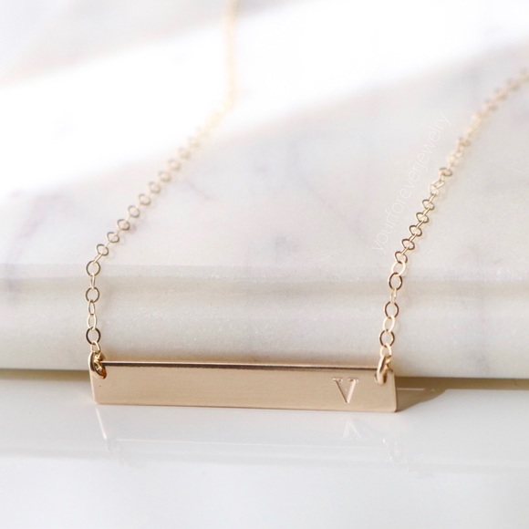 14K Gold-Filled Engraved Initial Bar Necklace - Picture 2 of 9